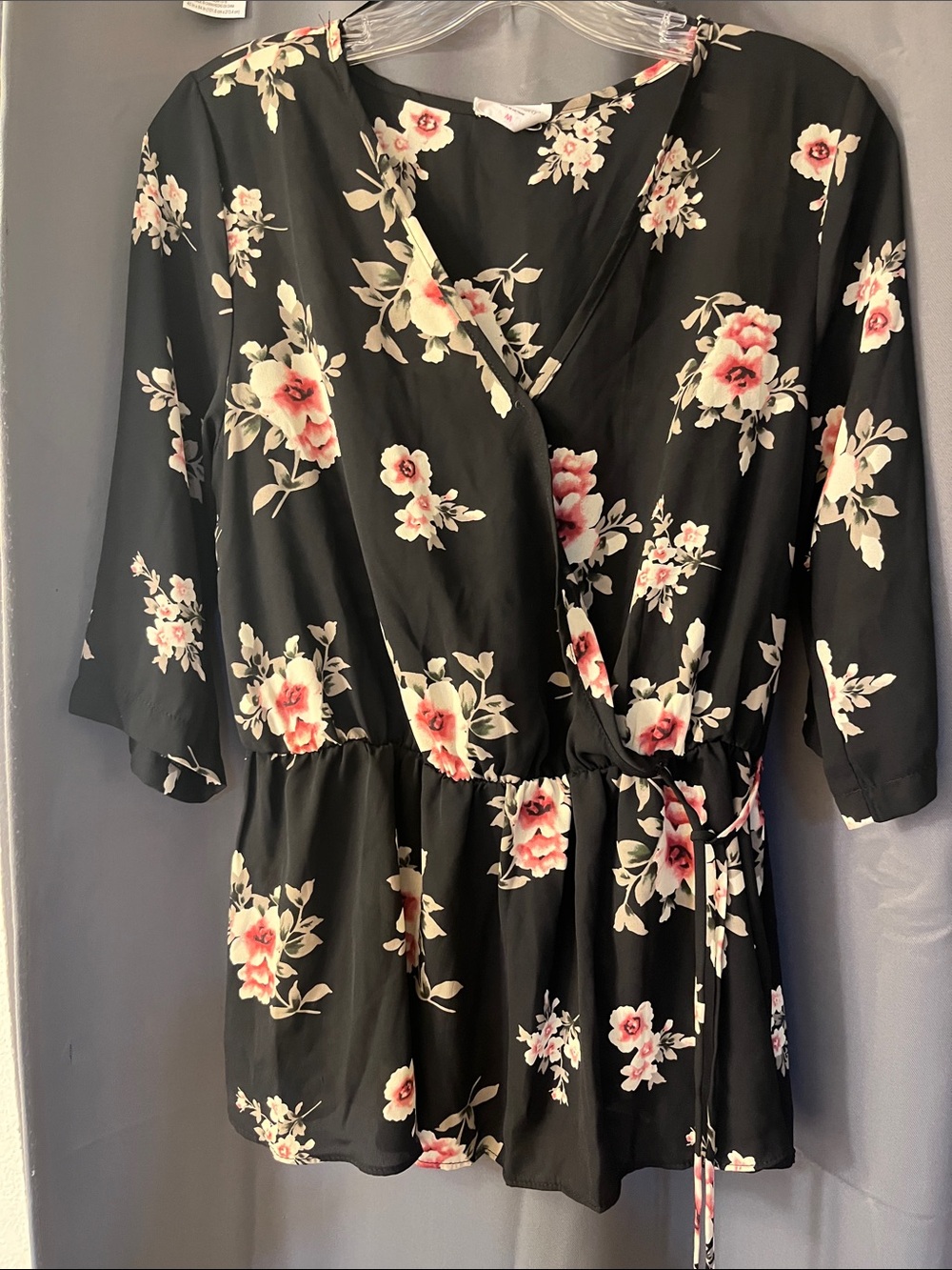 Sienna Sky Black Wrap shirt with Pink Floral Print!